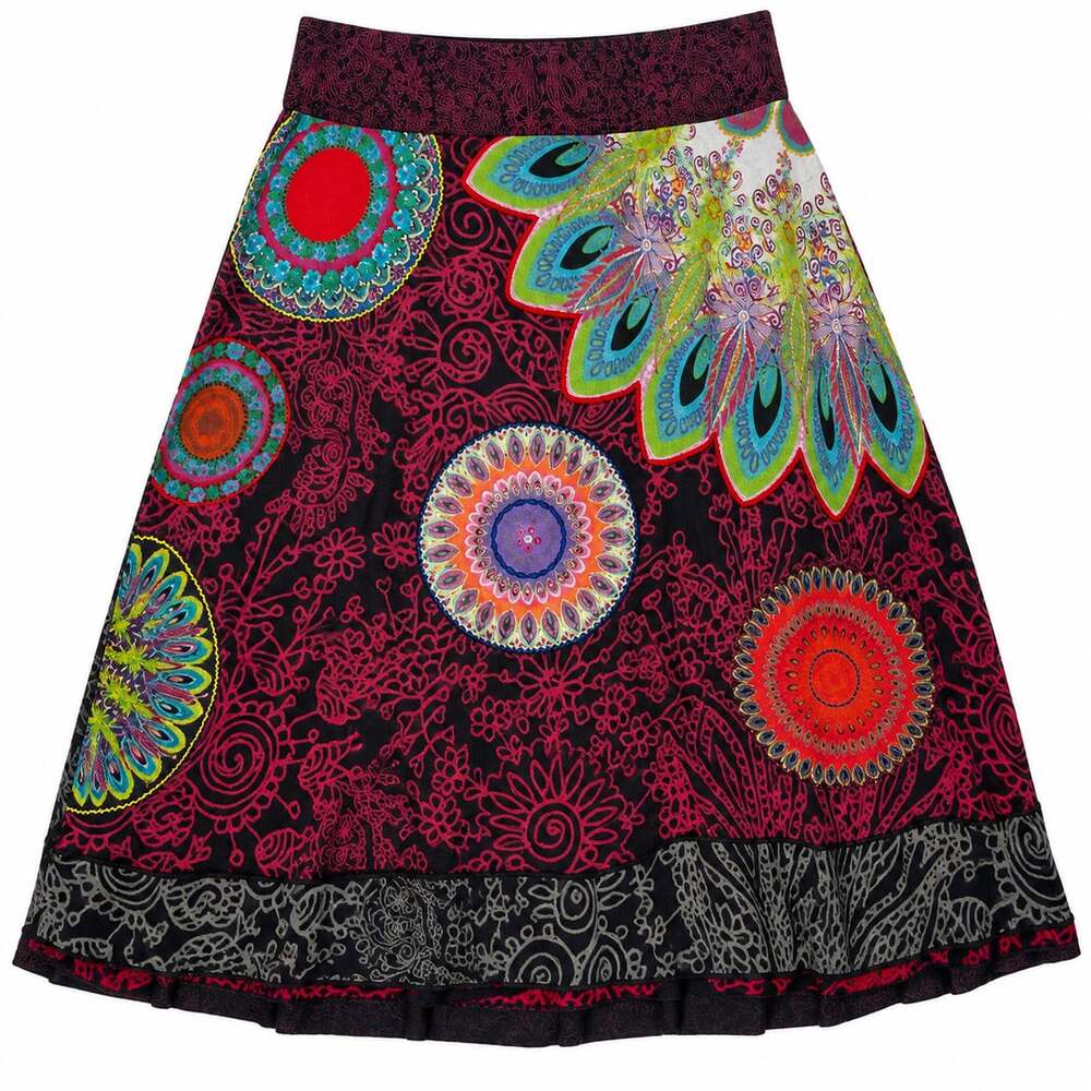 Desigual Printed Midi Skirt Size S Multicolor Boho Mandala A-Line Cotton